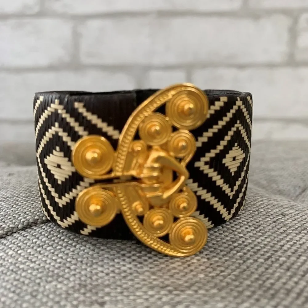 ‎Black/cream/gold Aztec print cuff bracelet